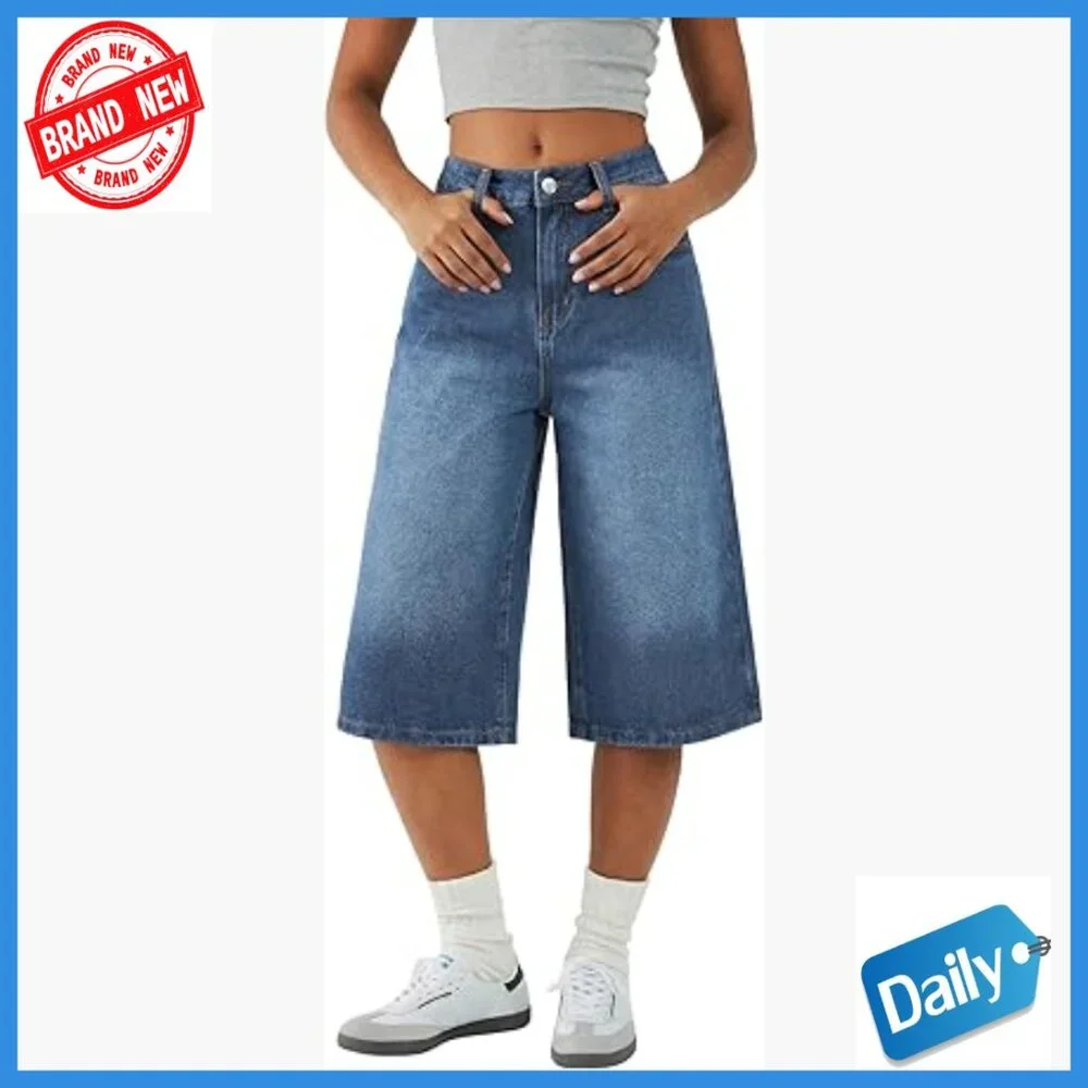 Women's Mid Rise Denim Bermuda Shorts Wide Leg Baggy Fit Casual Streetwear